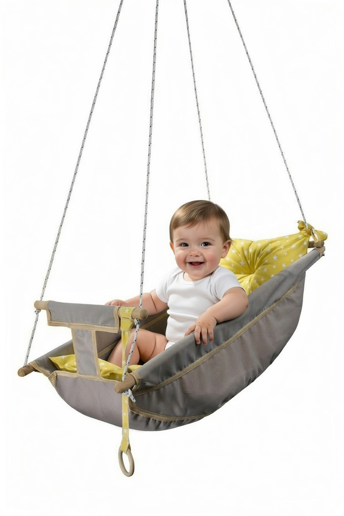 Bundeba Kids Gri Bebek Uyku Salıncağı Çocuk Ahşap Hamak Beşik Salıncak Minderli Yatak Seti fotoğrafı 2 (önizleme)