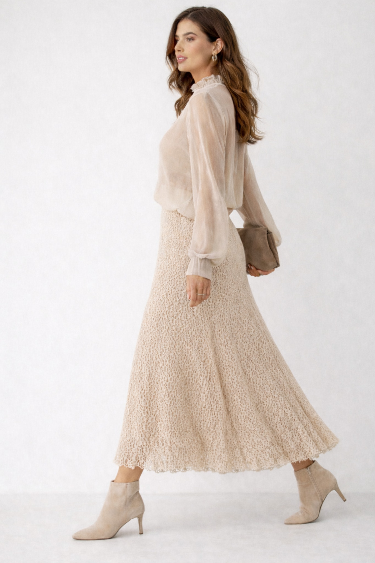 SHEBARA  Bej Dantel Yüksek Bel Lastikli Rahat Etek - Görsel 2