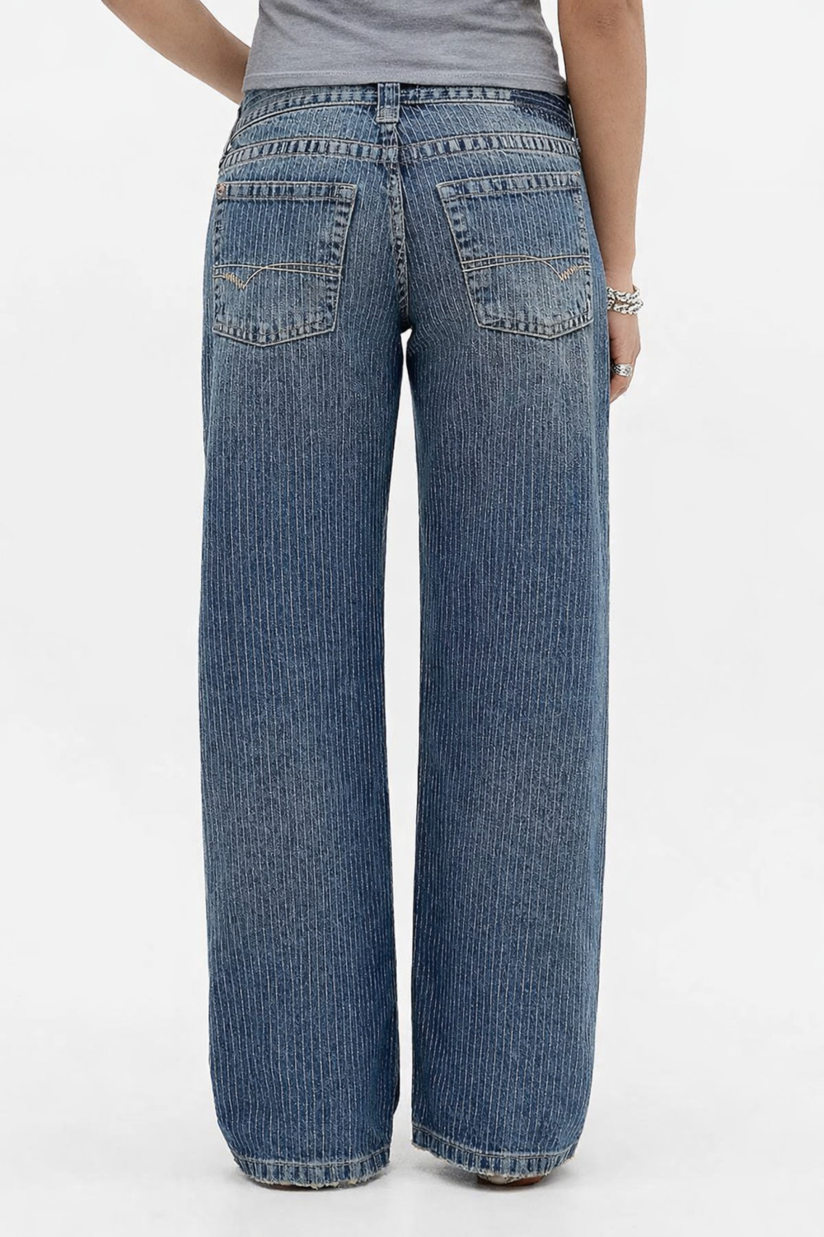 september island  Jasika Şerit Çizgili Dumanlı Mavi Renk Düşük Bel Pantolon - Görsel 6