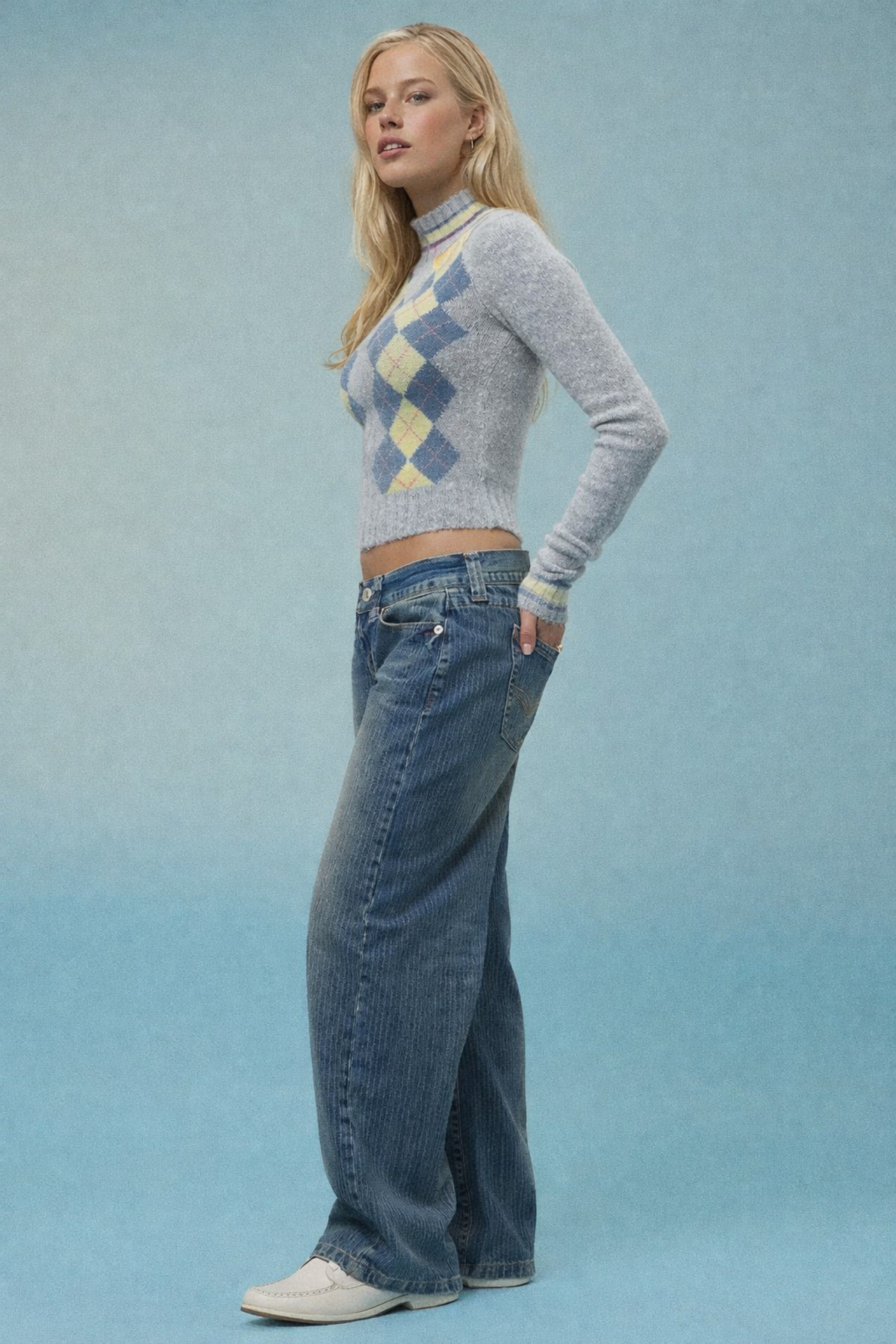 september island  Jasika Şerit Çizgili Dumanlı Mavi Renk Düşük Bel Pantolon - Görsel 2