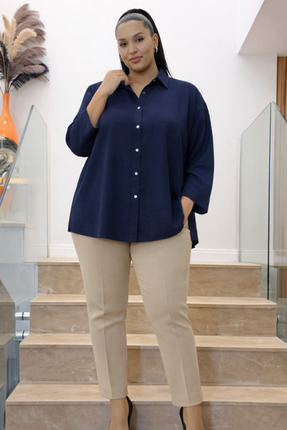 asalya Kadın Lacivert Oversize Büyük Beden Aerobin Keten Gömlek