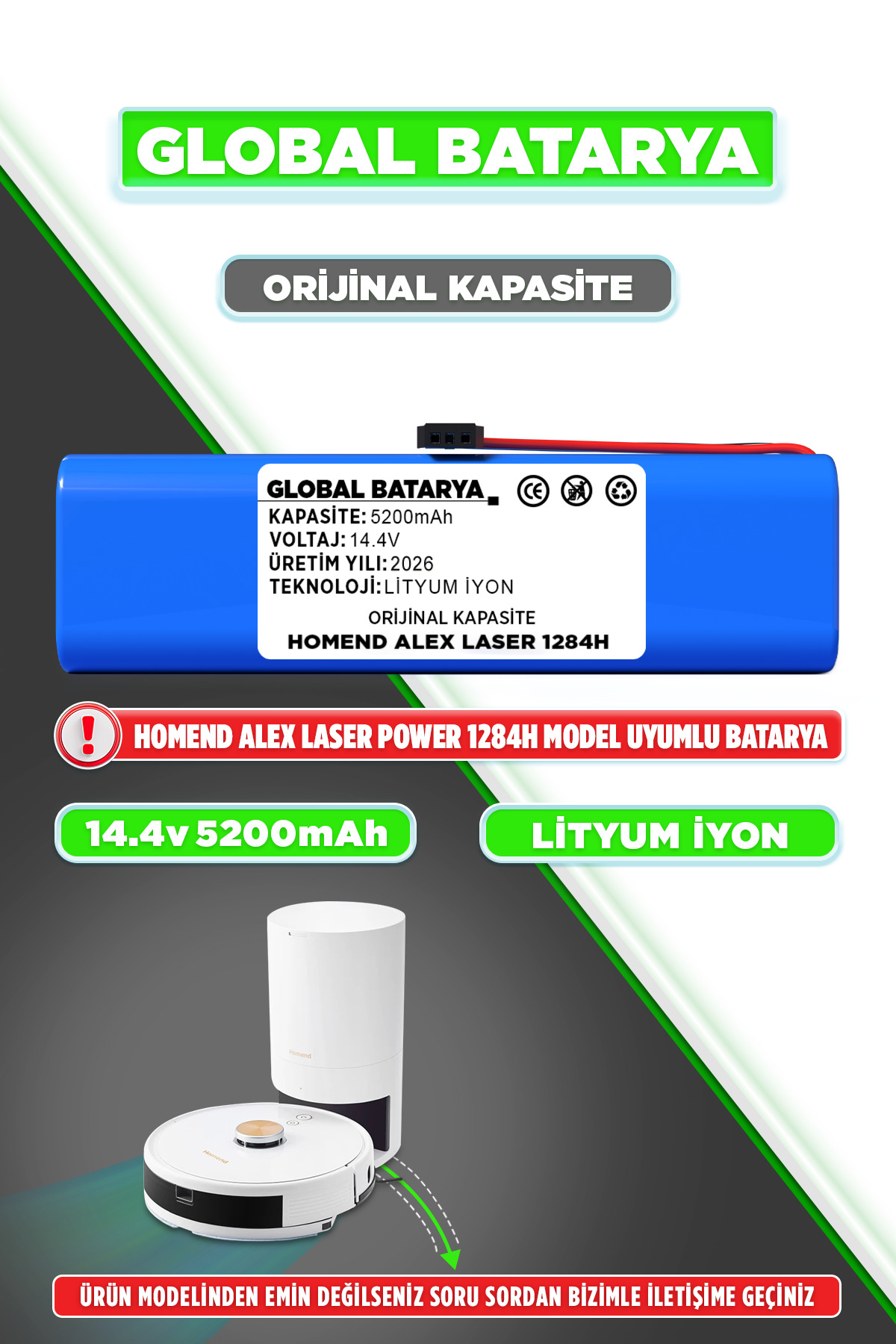 GLOBAL BATARYA Homend Alex Laser Power 1284H Akıllı Robot Süpürge