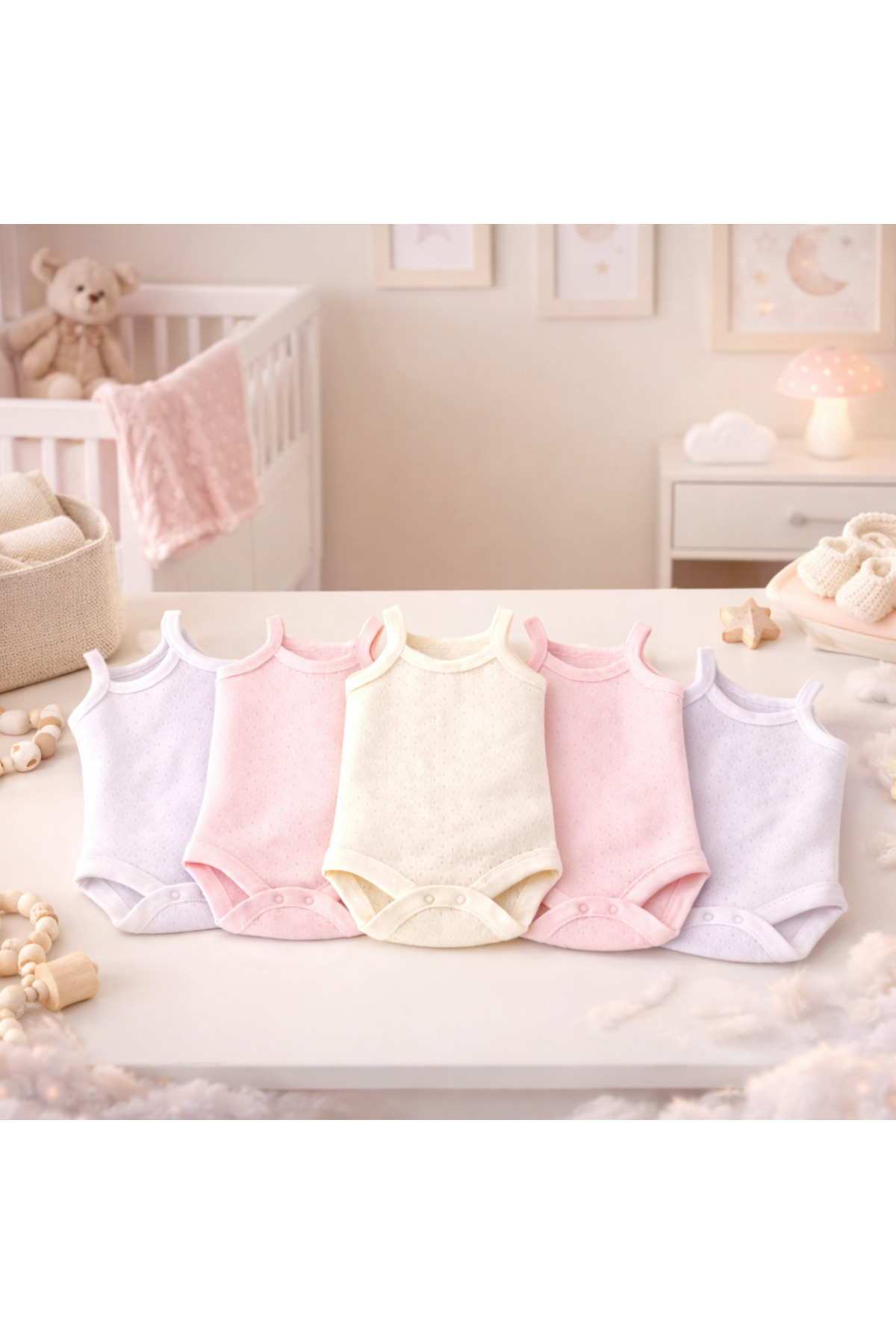 Novibaby 5'li Jakarlı İp Askılı Bebek Body Zıbın Çıtçıtlı 100% Pamuk - Ekru Pembe Beyaz fotoğrafı 4 (önizleme)