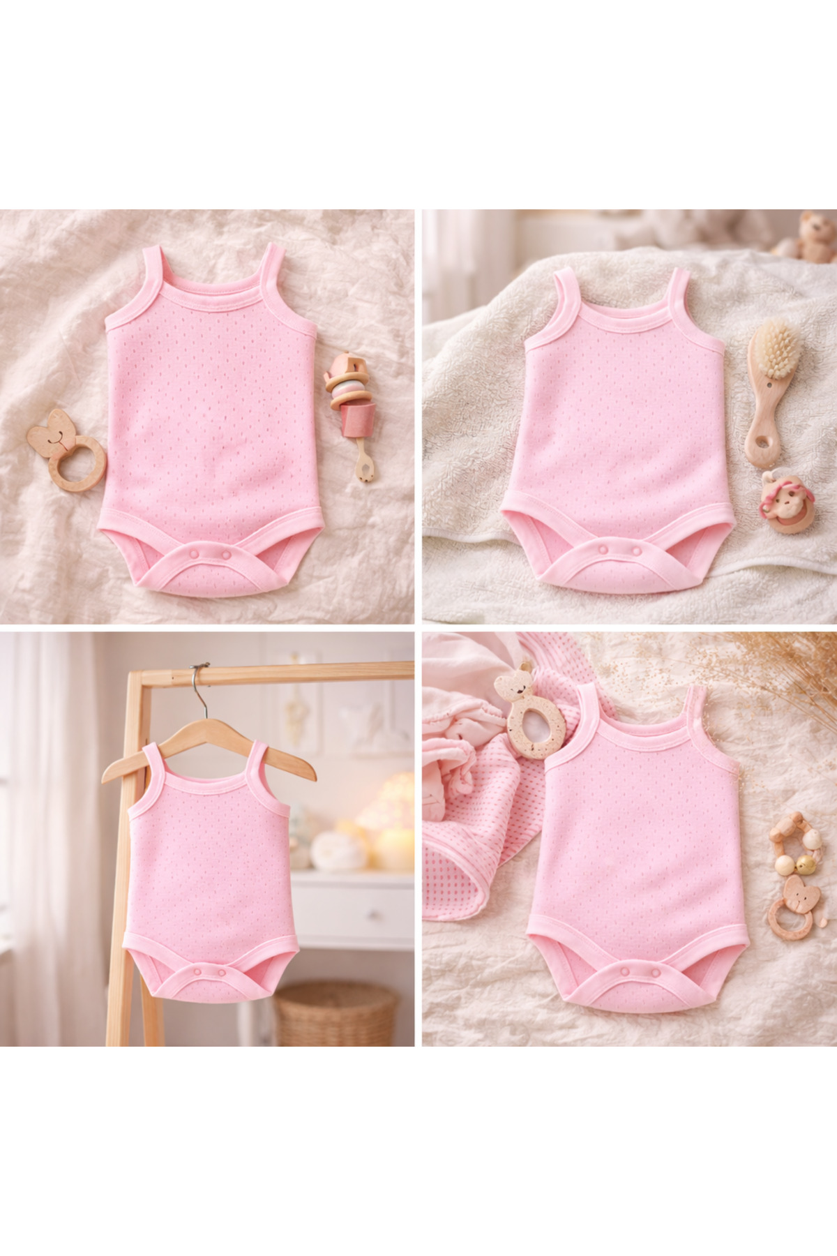 Novibaby 5'li Jakarlı İp Askılı Bebek Body Zıbın Çıtçıtlı 100% Pamuk - Ekru Pembe Beyaz fotoğrafı 5 (önizleme)