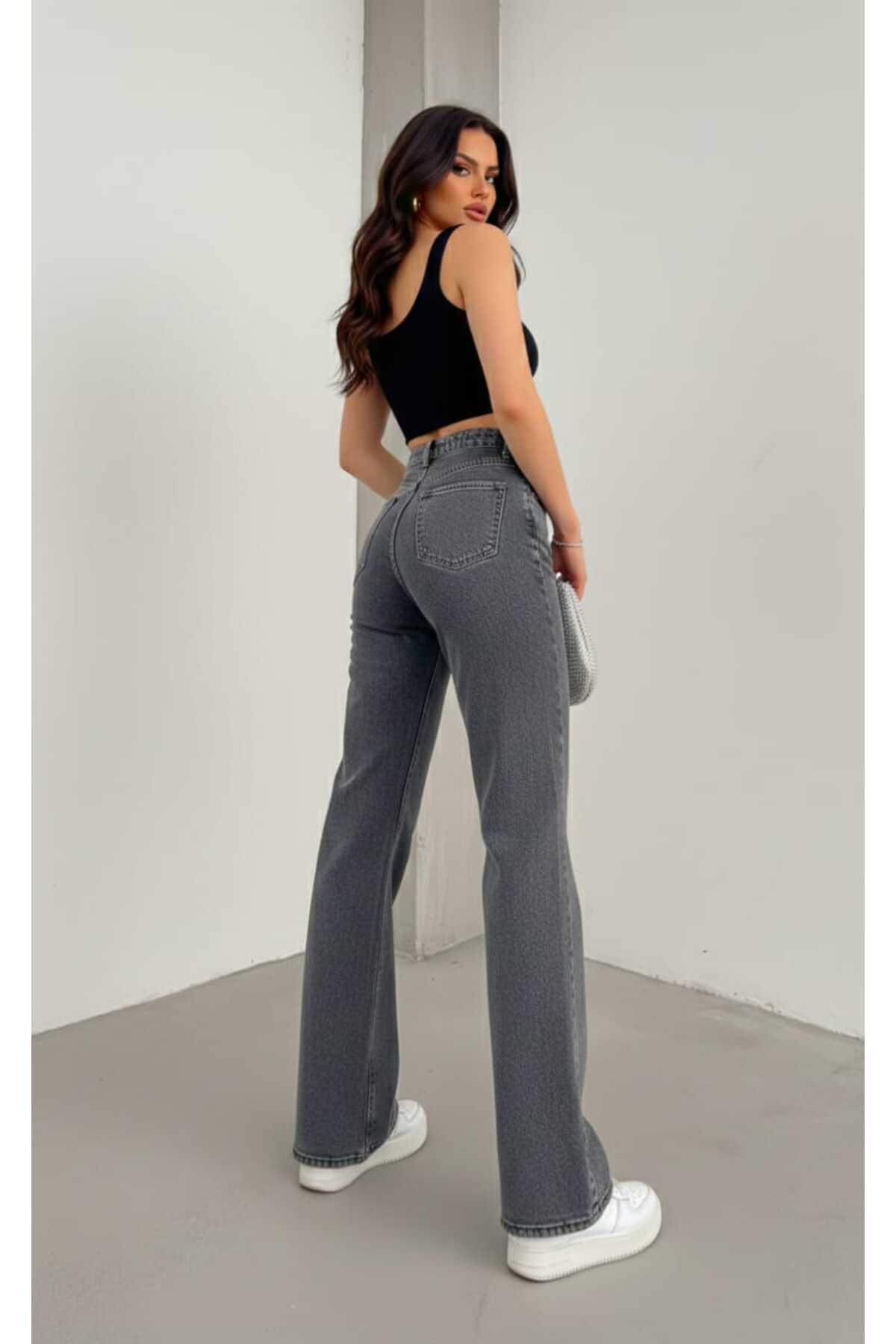 TRENDNATUREL  Esse Gold Ikon 90's Füme Likralı Süper Extra Yüksek Bel Palazzo Salaş Jean Pantolon - Görsel 4