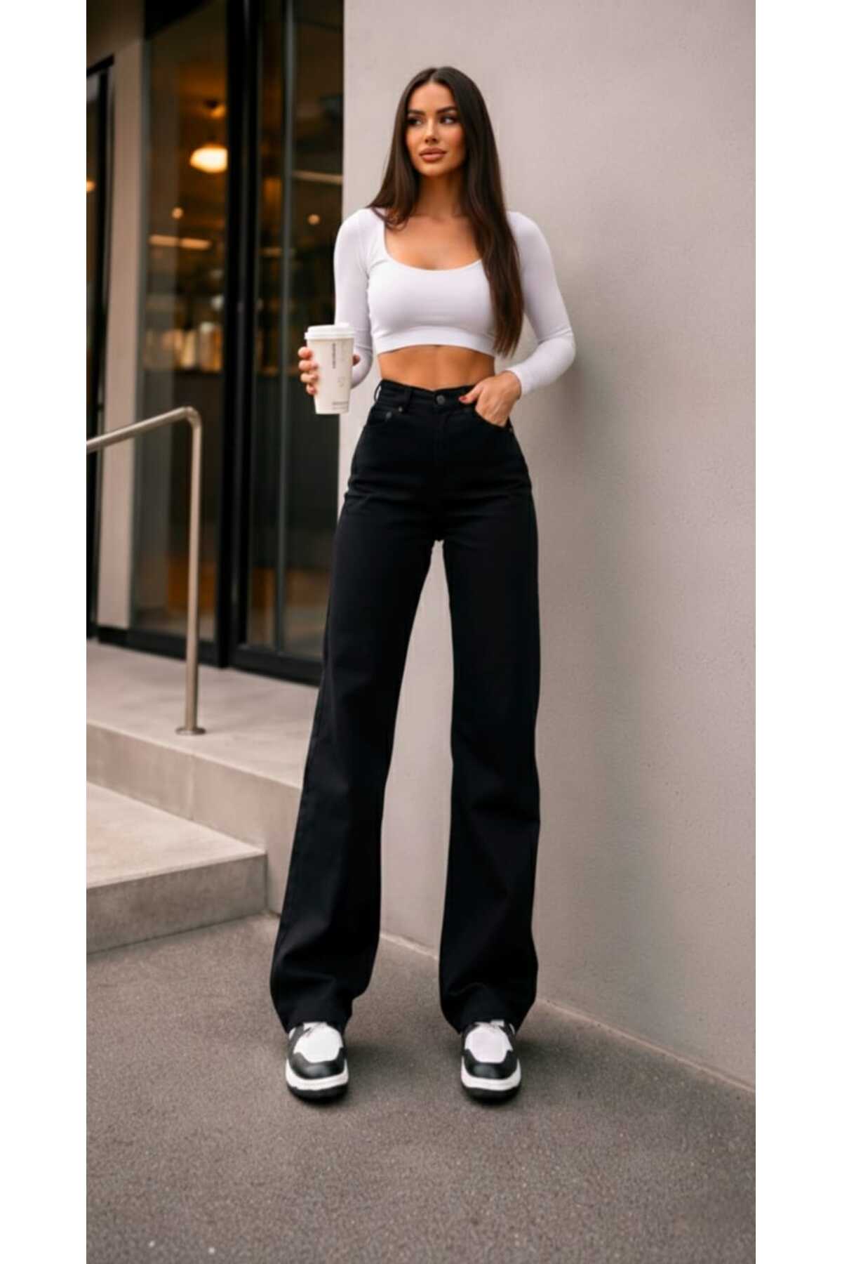 TRENDNATUREL Tessa Gold Ikon 90's Siyah Likralı Süper Extra Yüksek Bel Palazzo Salaş Jean Pantolon görsel 6