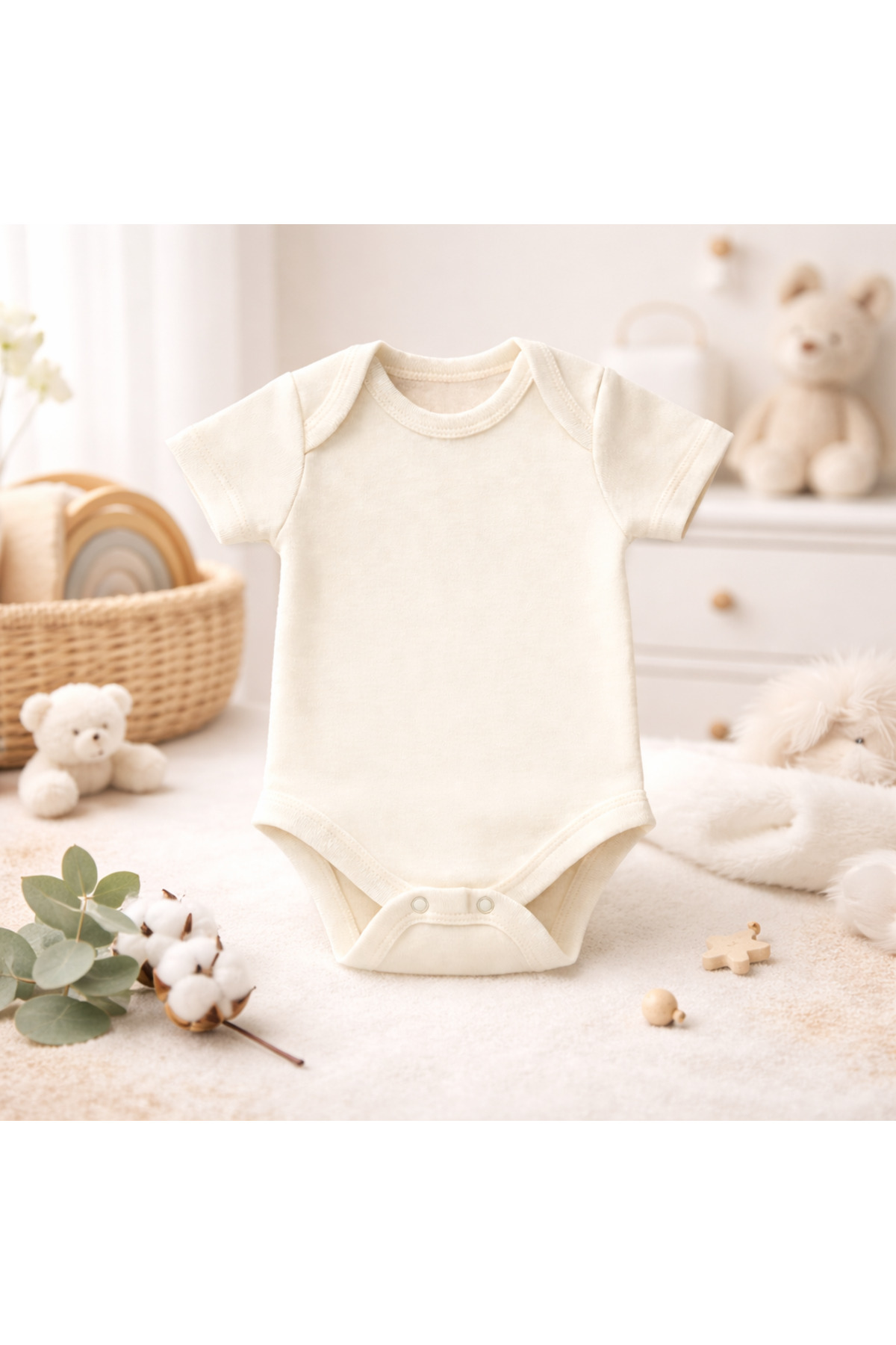 Novibaby 3'lü Bebek Body Zıbın Çıtçıtlı Kısa Kol Ekru 100% Pamuk Yenidoğan fotoğrafı 5 (önizleme)