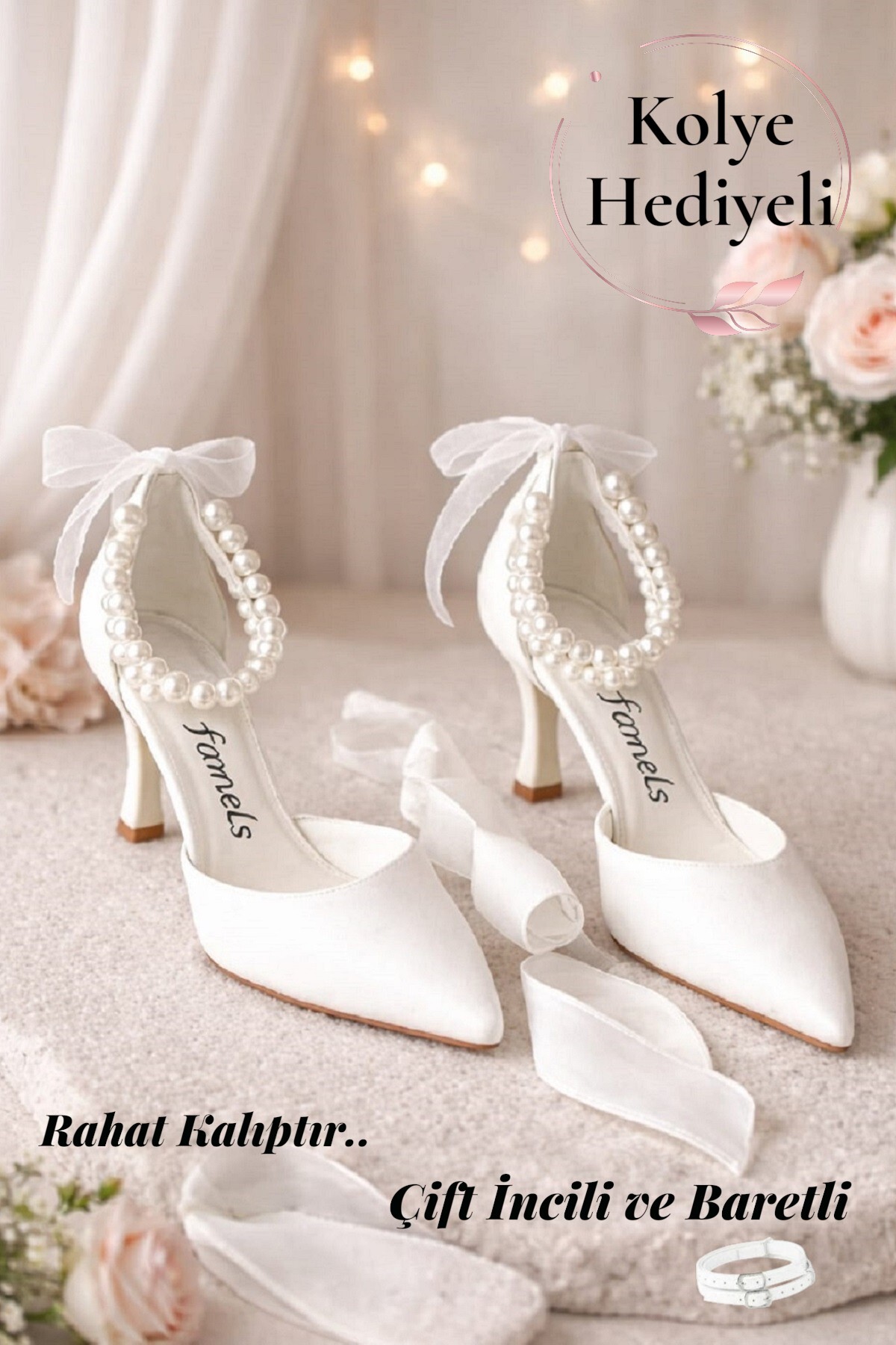 Famels  Kısa Topuklu Ayakkabı İncili Ayakkabı Beyaz , Gelin Nikah Abiye Ayakkabı Akşam Parti Ayakkabıları