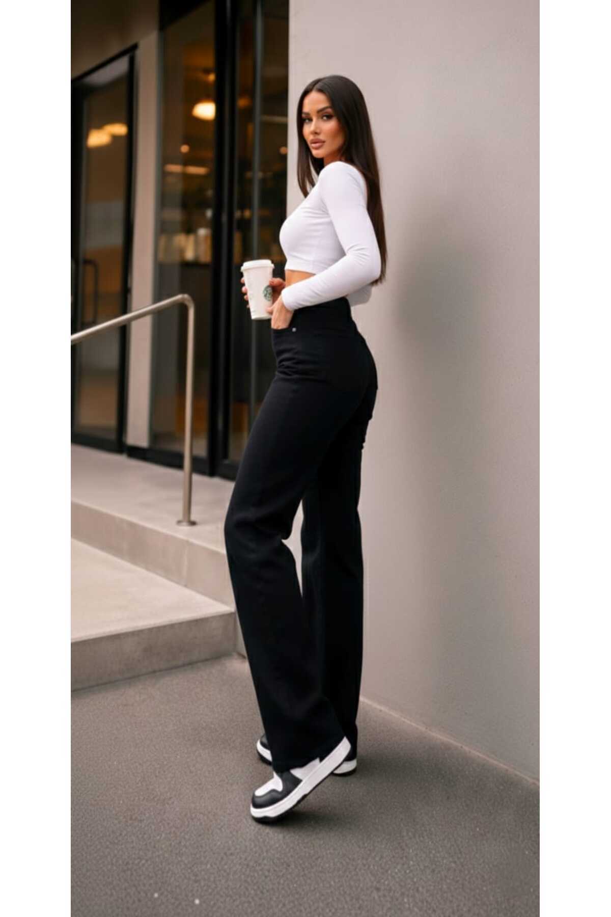 TRENDNATUREL Tessa Gold Ikon 90's Siyah Likralı Süper Extra Yüksek Bel Palazzo Salaş Jean Pantolon görsel 4