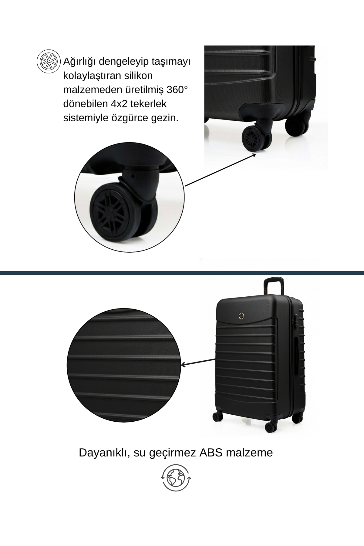 louisiana polo  Büyük Boy Valiz 4x2 Teker Siyah-Siyah 1168 - Görsel 5
