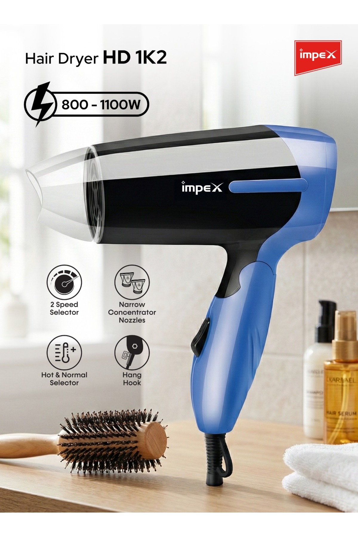 IMPEX HD 1K2 Travel Hair Dryer 800-1000W Foldable Cool Shot Speed Hang Loop F...