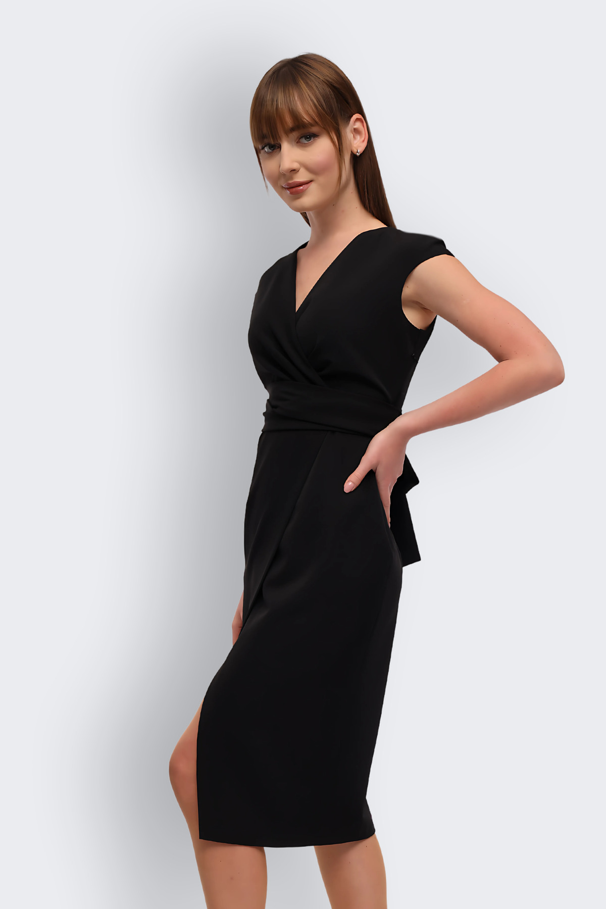 HOX'S  Olivia | Kruvaze Midi Kalem Elbise Önden Yırtmaçlı Arkadan Bağlamalı - Siyah - Görsel 4