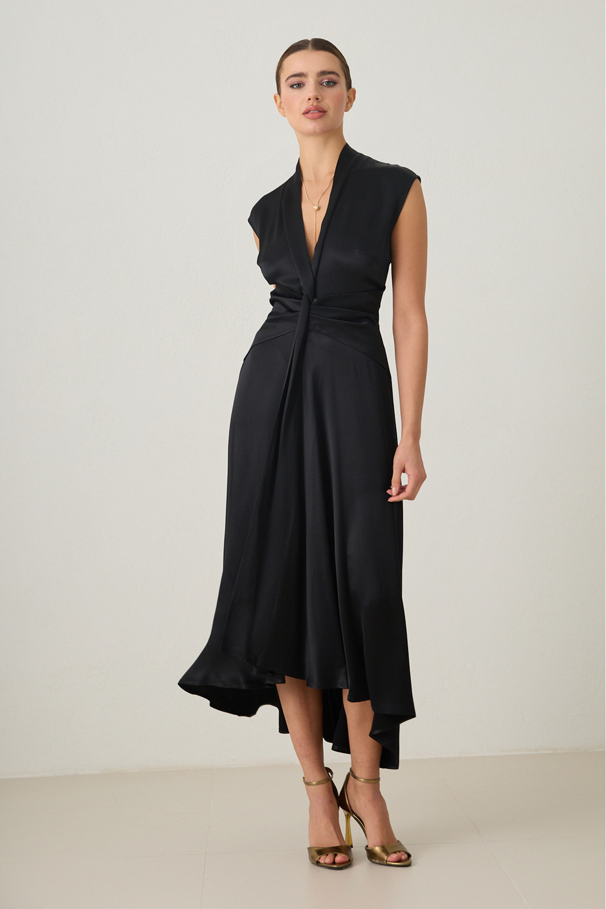 Black V-Neck Waist Detailed Midi Size Sleeveless Dress