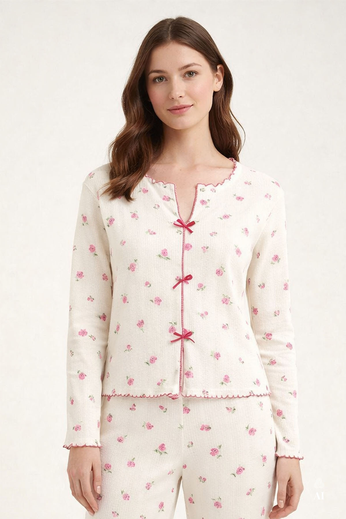 koza iç giyim Women's Cotton Crisp Floral Print Baby Overlocked Bow Long Sleeve Pajama Set