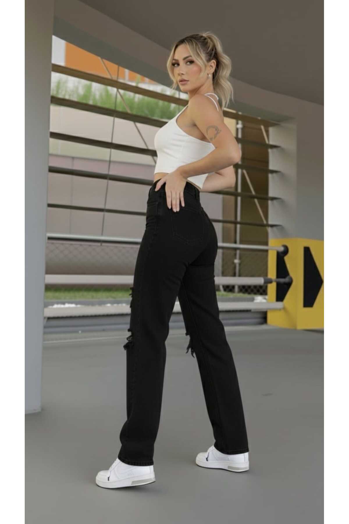 DRC trend S.o.l.m.a.z Siyah Yırtıklı Likralı Süper Yüksek Bel Salaş Jean Pantolon. (SÜPER YÜKSEK.) Wide Leg. görsel 7