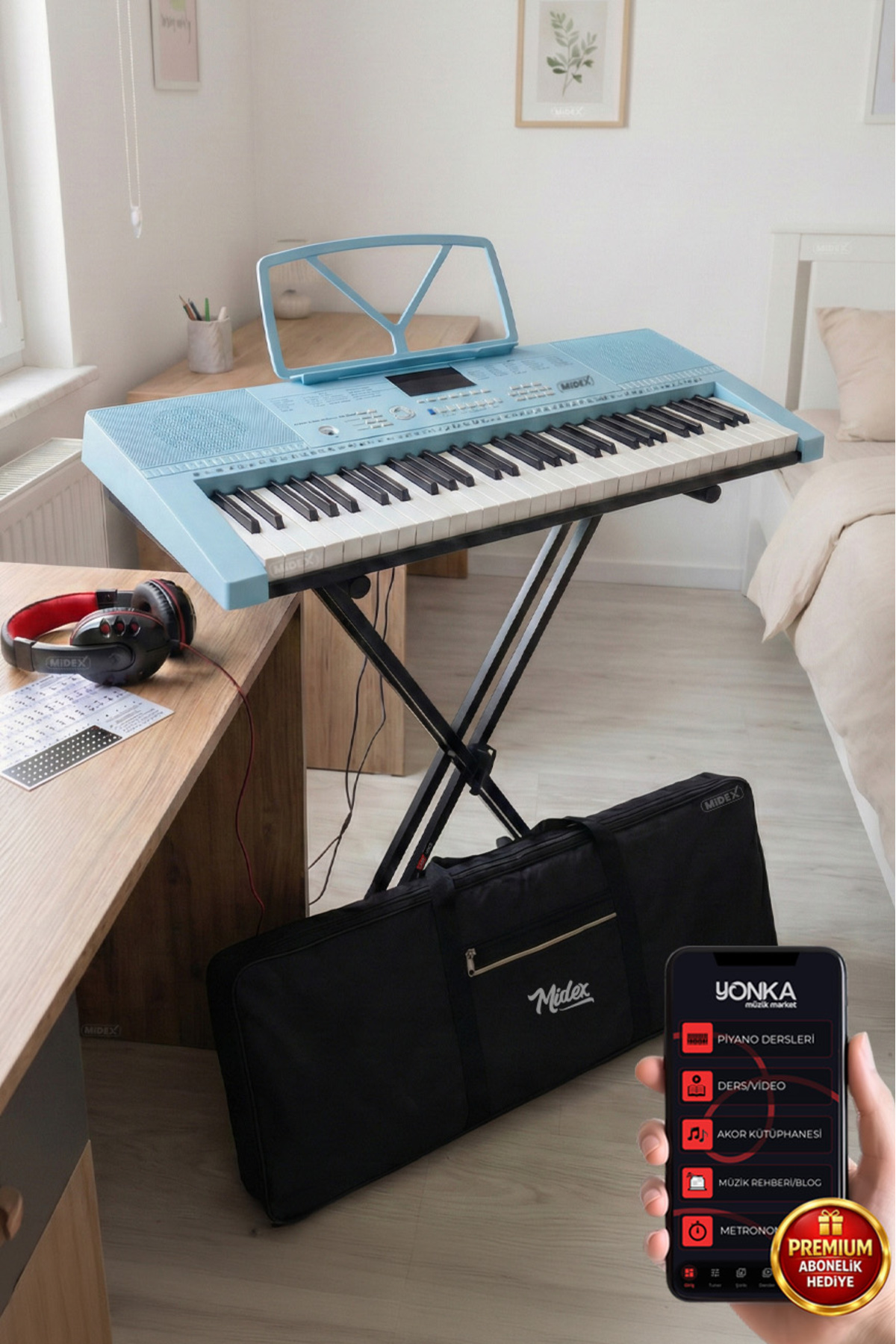Midex PS-2300BL-PAK 61 Tuşlu Org Stand Kulaklık Mavi Başlangıç