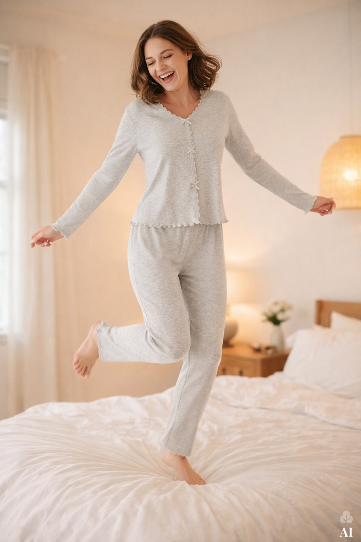 koza iç giyim Kadın Pamuklu Dantel ve Kurdele/Fiyonk Detaylı Kaşkorse Renkli Pijama Takımı