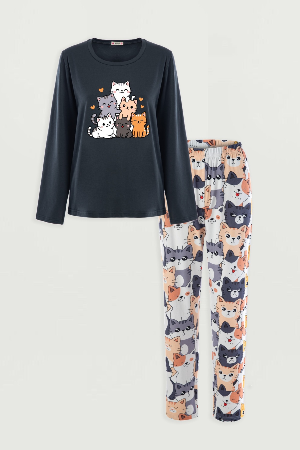 koza iç giyim Kadın Gri Pamuklu Kedili Örme Pijama Takımı görsel 4