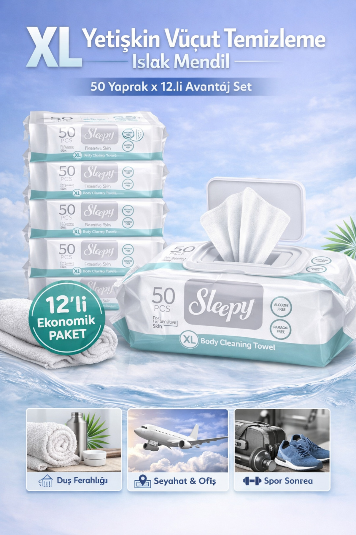 Sleepy Hasta Vücut Temizleme Islak Mendil Havlu 50 Yaprak XL 12 Li Set fotoğrafı 2 (önizleme)