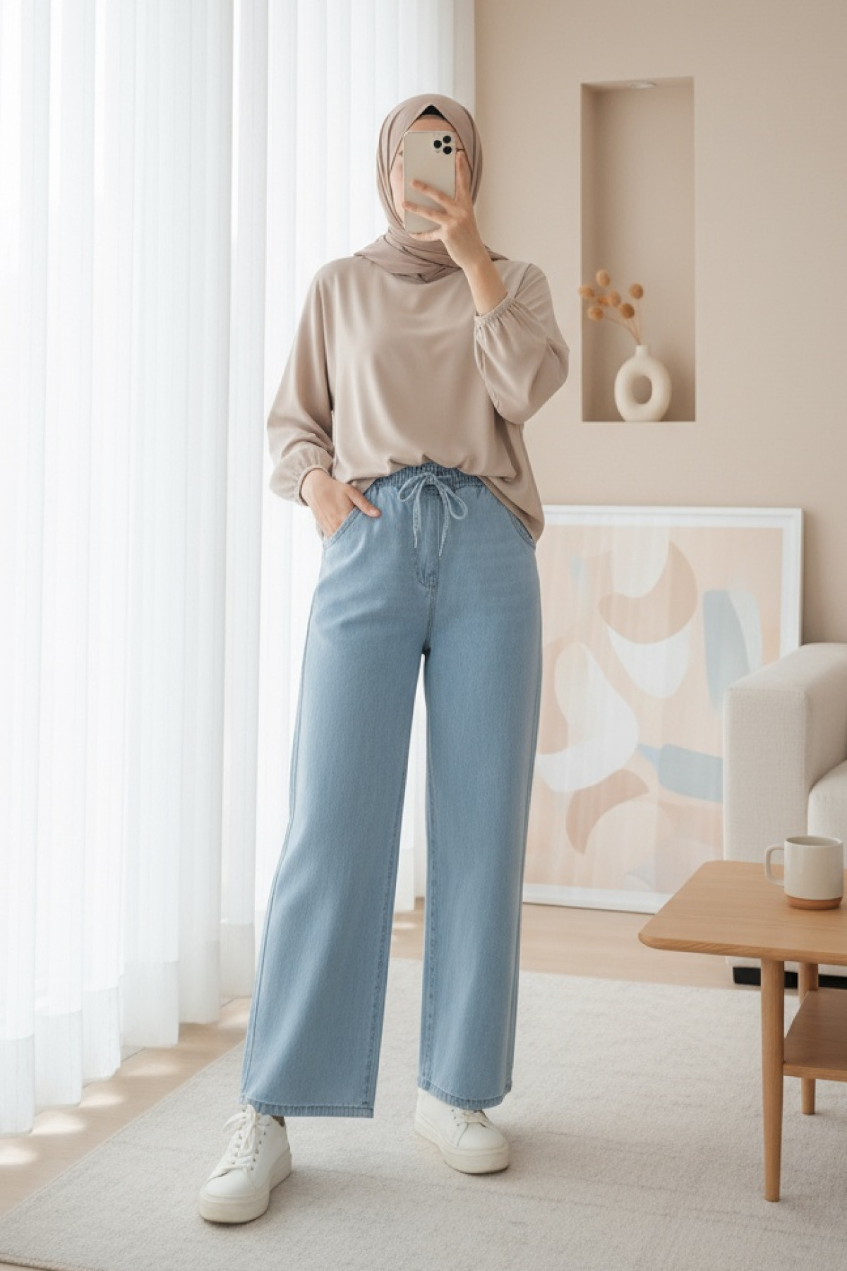 HİJABAYA  Beli Lastikli Cepli Bol Paça Kot Pantolon