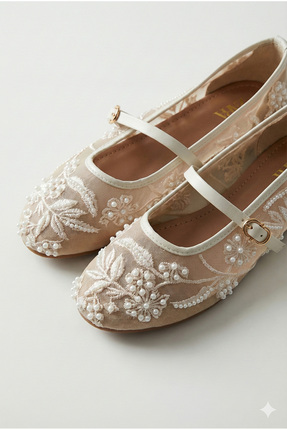 StWenn Bej File Nakış Ve Boncuk Detaylı Yuvarlak Burun Lüks Kadın Babet