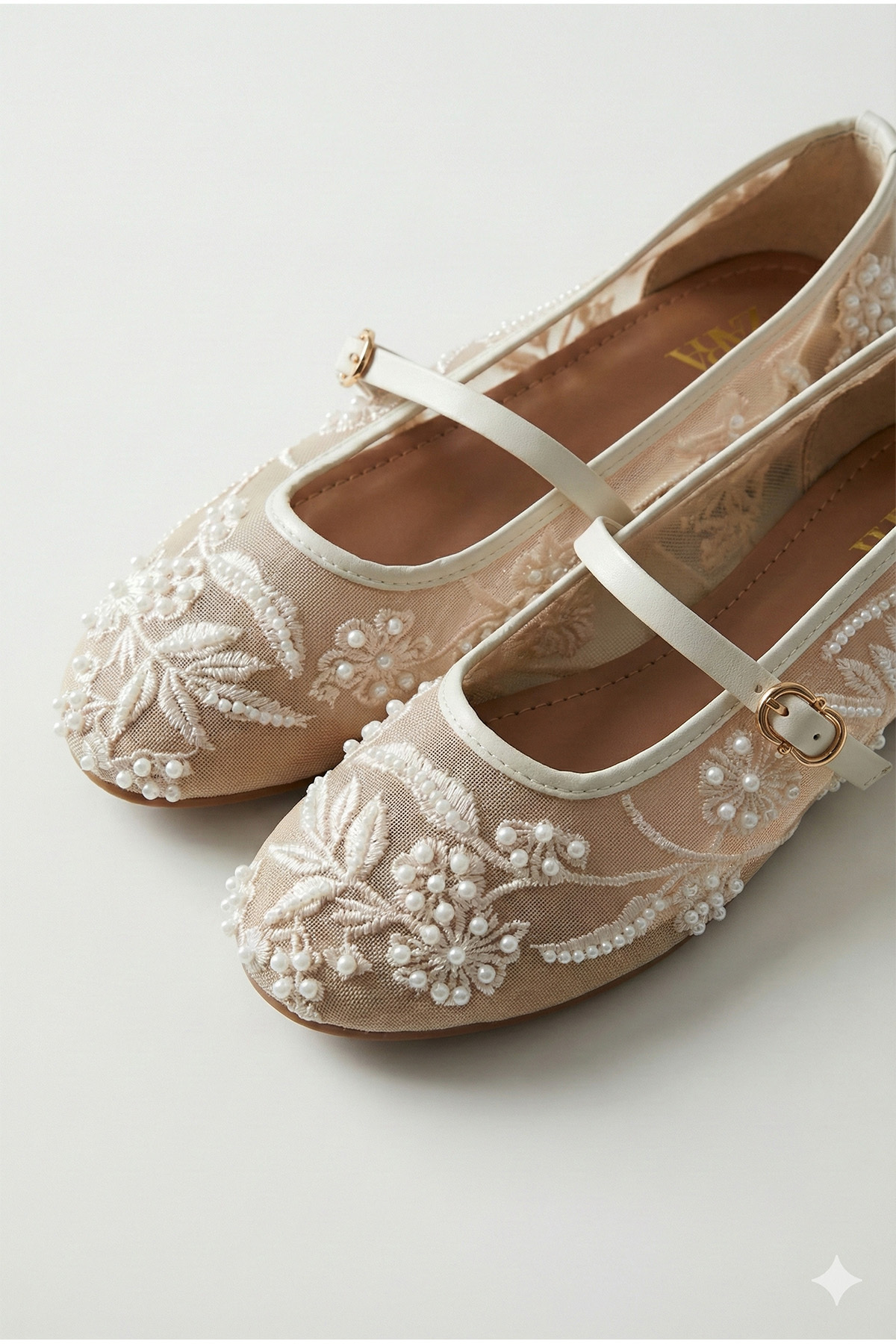 StWenn Pearl Beige Mesh Embroidery and Bead Detail Y Round Toe Luxury Stylish...