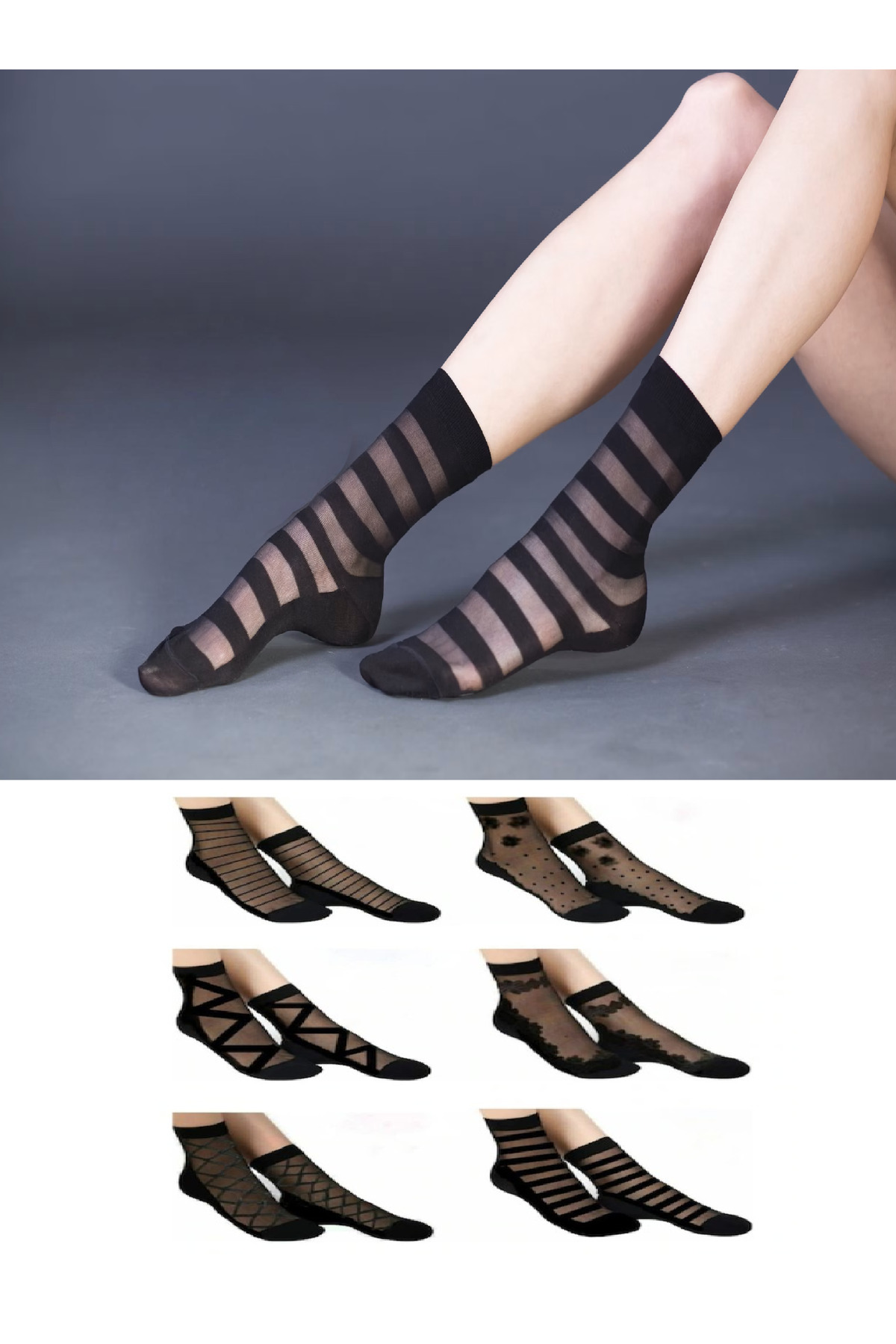 Ozzy Socks 6 Çift Kadın Siyah Desenli Tül Çorap Şık Ve Zarif Günlük Tasarımlı Modern Modeller