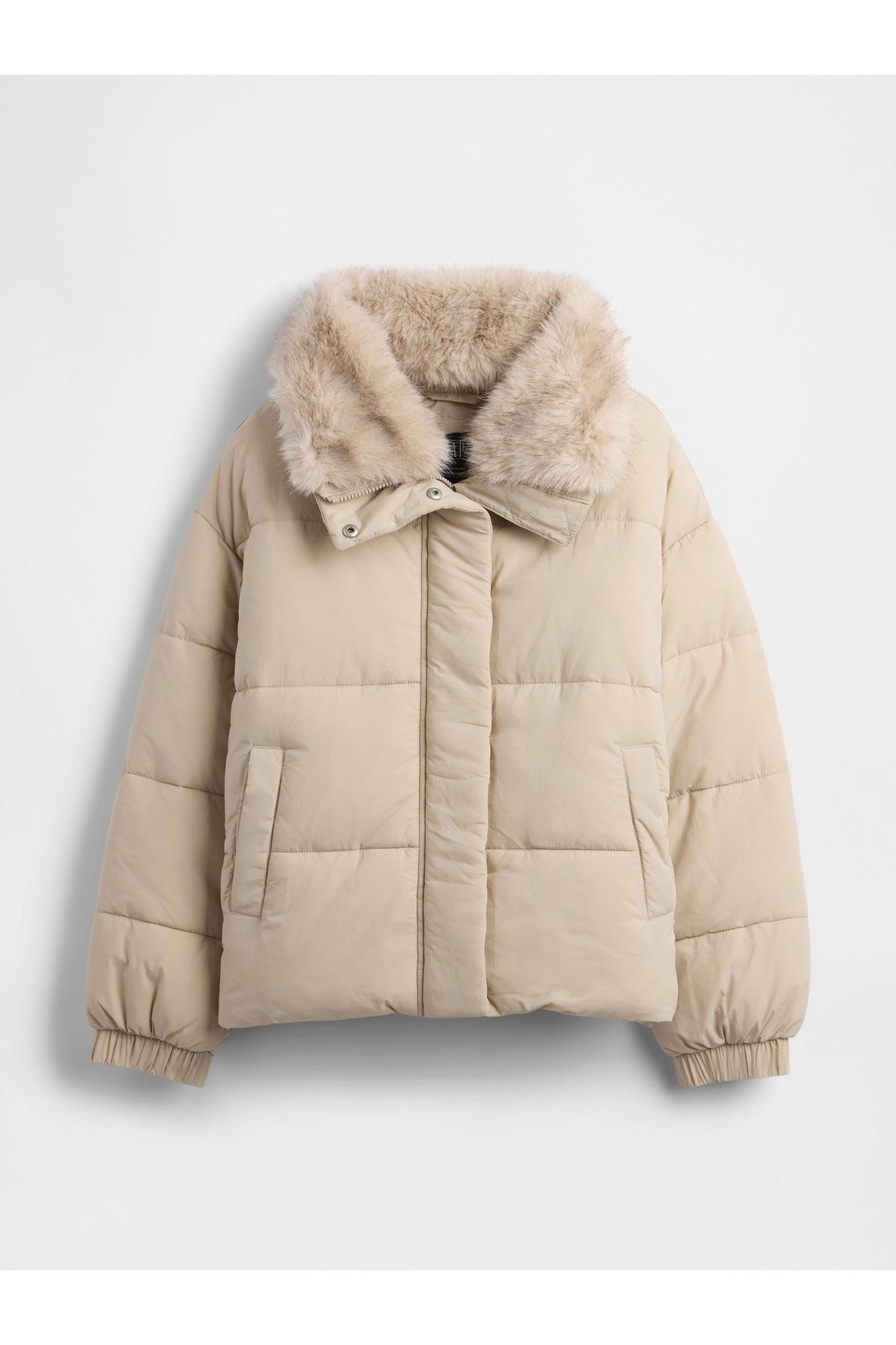 GAP Kadın Bej Faux Fur-Trim Puffer Şişme Mont görsel 2