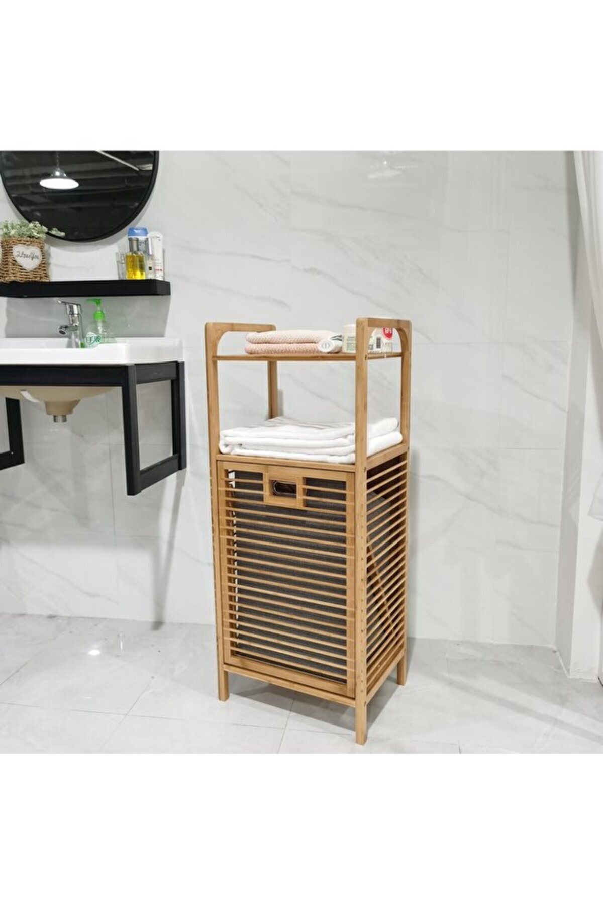 Bamboo Vertical Laundry Basket Laundry Basket with Shelf 40x30x95 Cm
