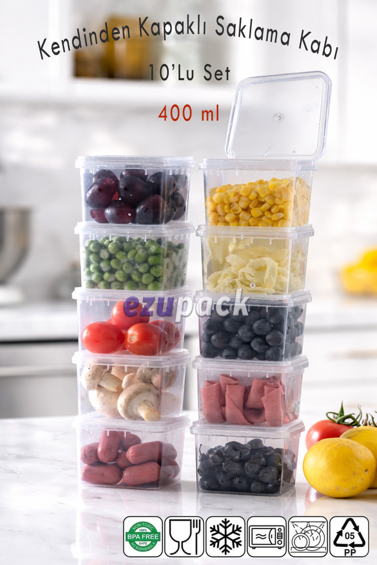 0.4 LT 10 Pieces Self-Lid Diffris Microwave Deep Freezer Freezer Organizer Storage Container