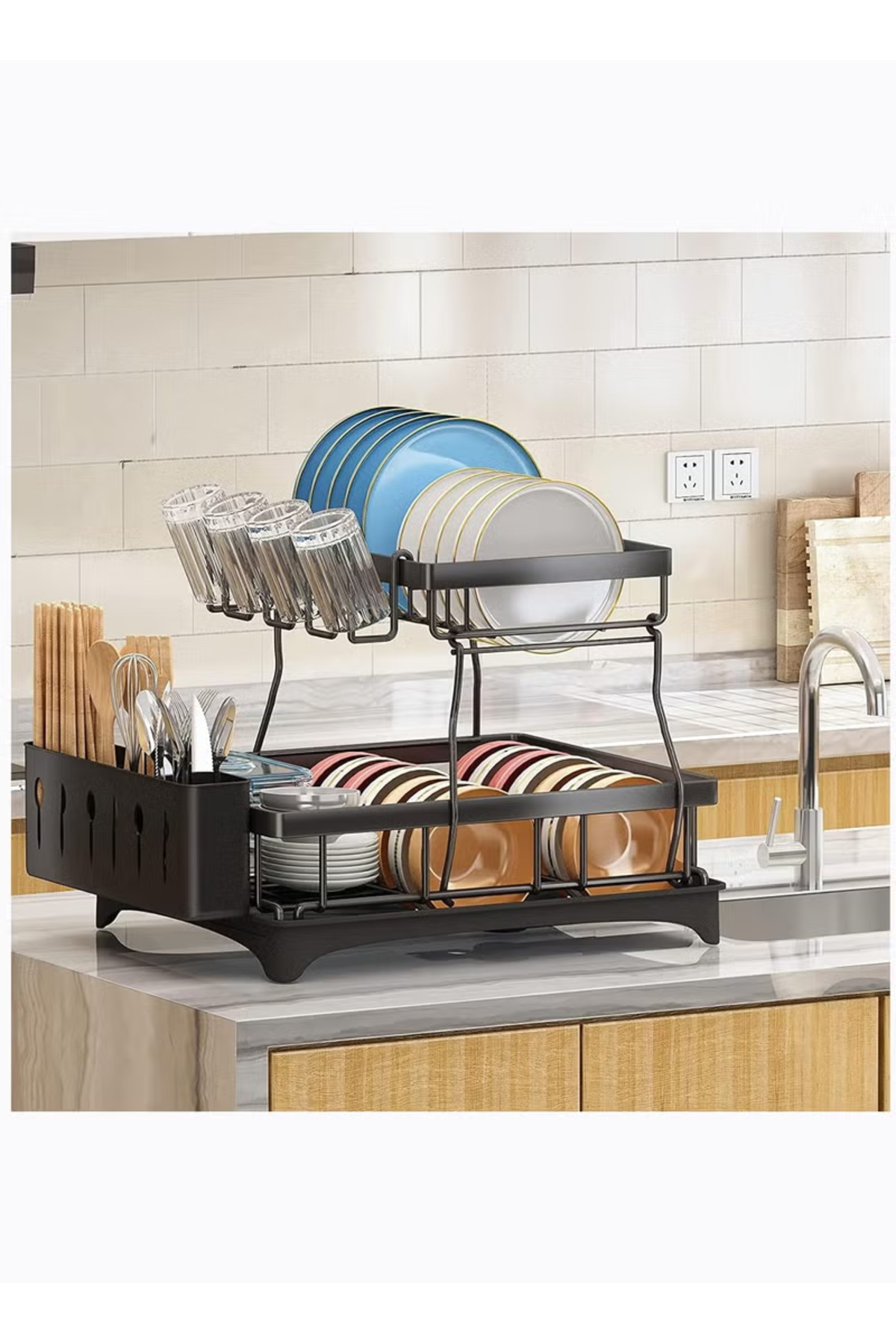 رف أطباق معدني مزدوج الطبقات مع لوح تصريف وسجادة ت...