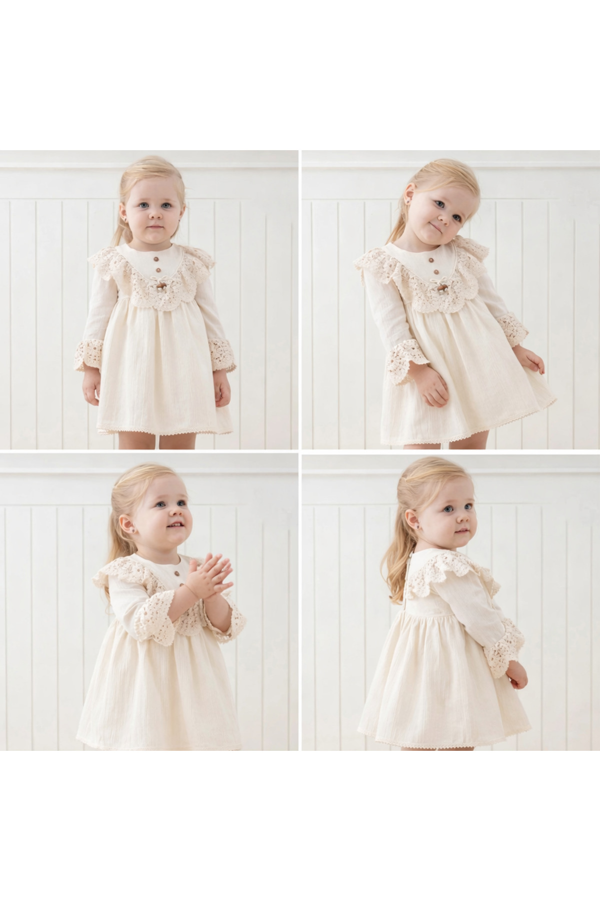 DIDuStore Dantel Yaka ve Kol Detaylı Zarif Bej Kız Bebek Elbisesi fotoğrafı 6 (önizleme)