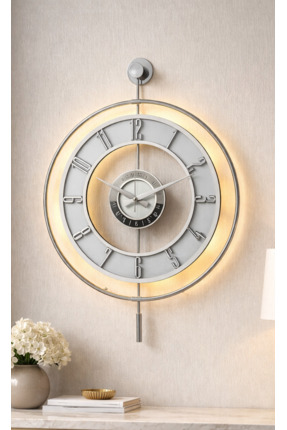 Pey Aksesuar Metal Camlı Duvar Saati Krom Statık 50 X 70cm Orta Boy Işıklı M5...