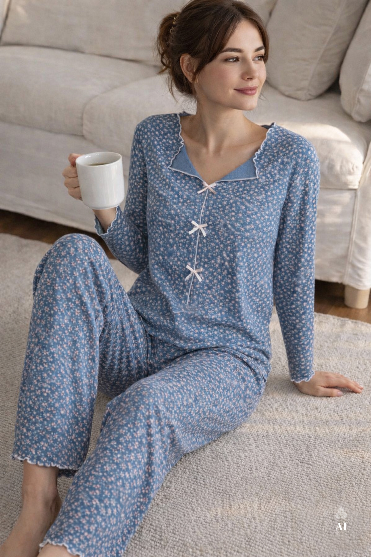 koza iç giyim Women's Cotton Tiny Floral Print Baby Overlocked Bow Detail Long Sleeve Pajama Set