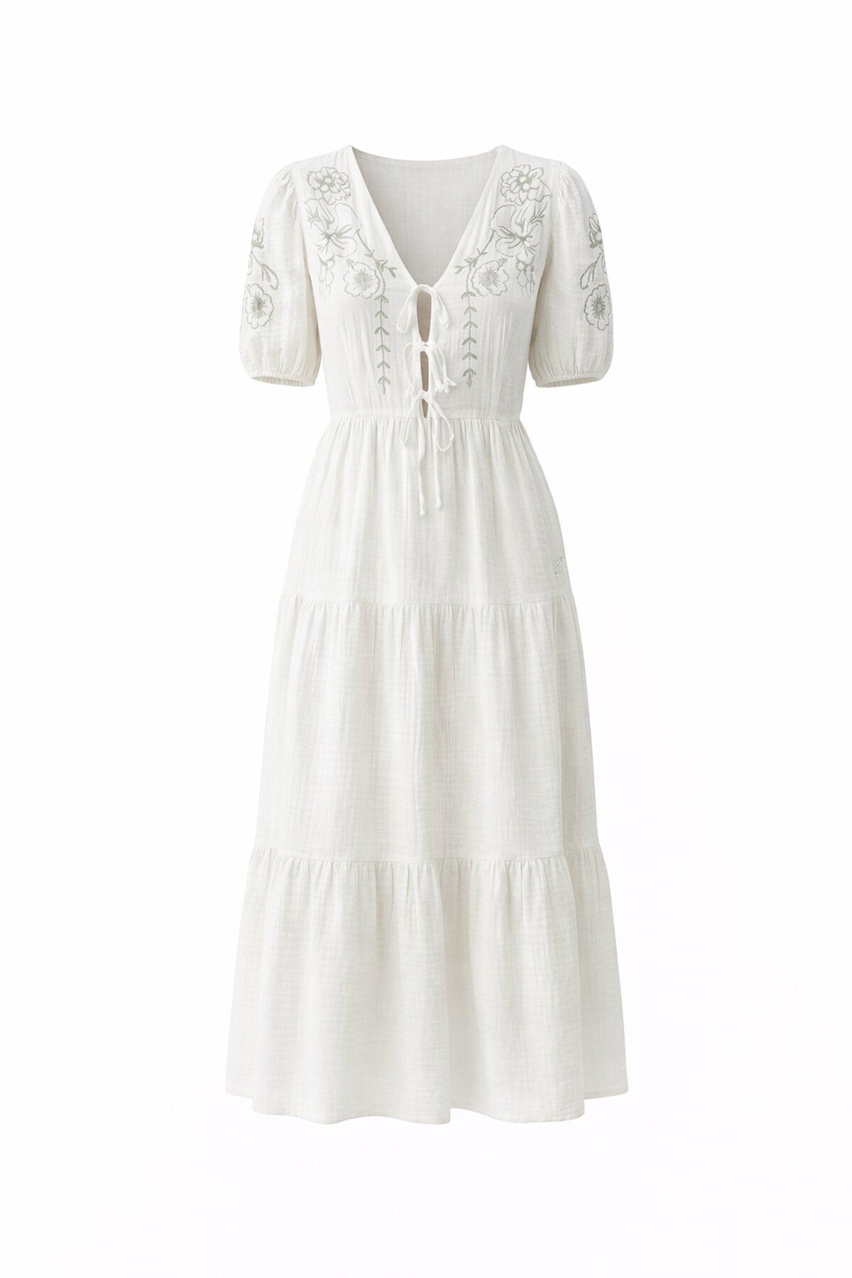 VAGGON  Beyaz Nakışlı Bağlama Detaylı Midi Boy Müslin Elbise - Görsel 5