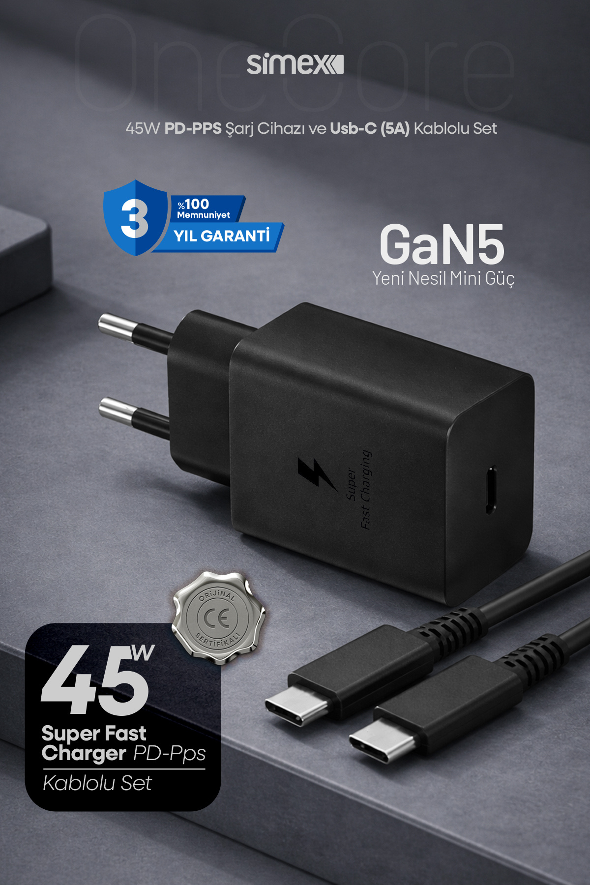 Samsung S22-S23-S24-S25-S26 Compatible 45W USB-C Charger Device Adapter 5A Cable SPS-18