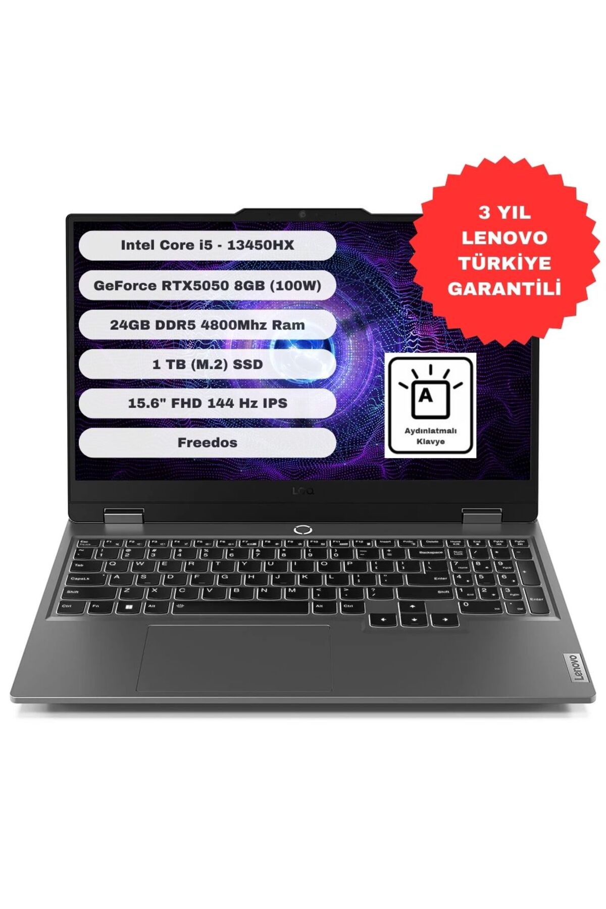 LOQ 15IRX10 Intel Core i5 13450HX 24GB 1TB SSD RTX5050 Freedos 15.6” 83JE00ECTR