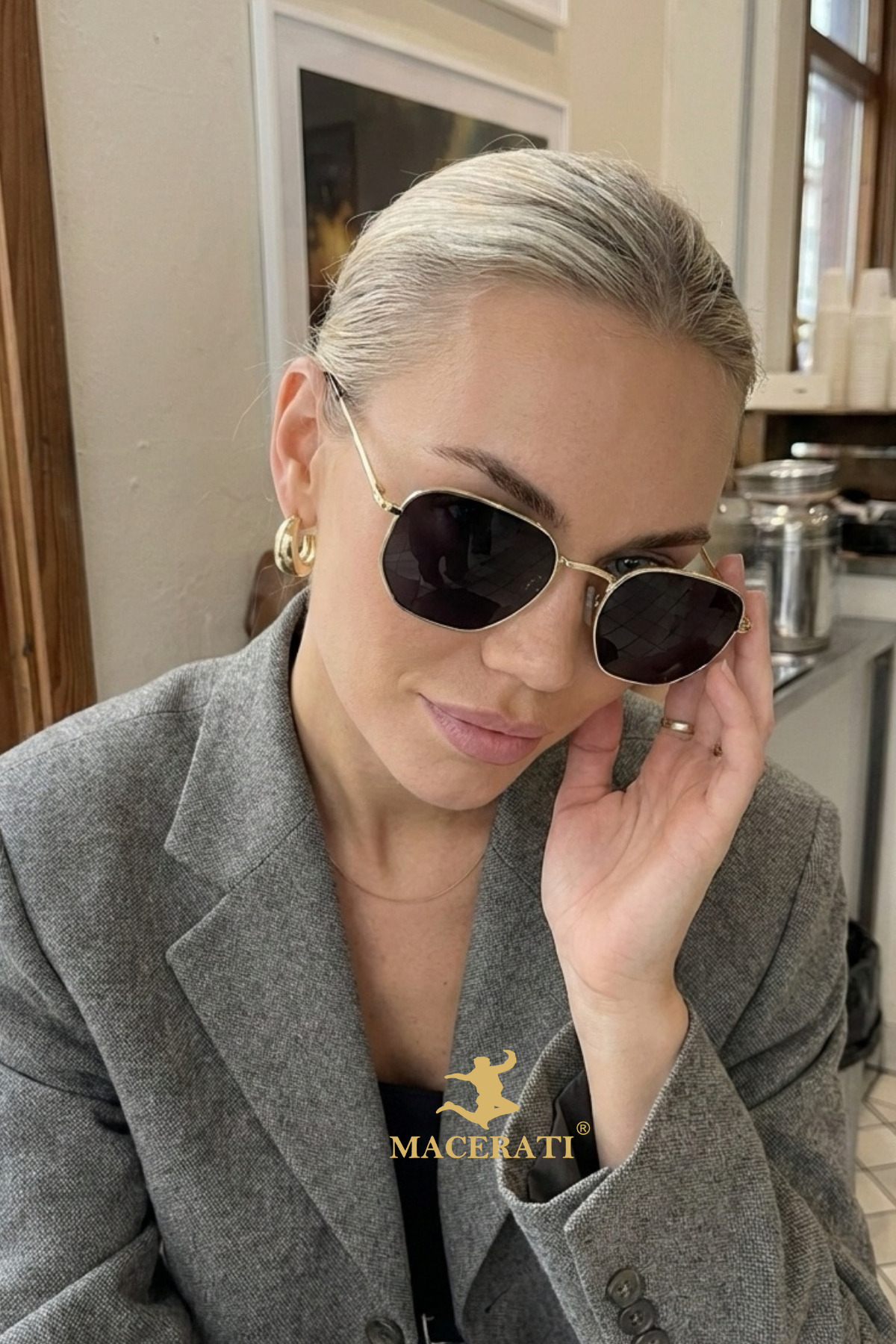 MACERATİ Gold Metal Çerçeveli Beşgen Degrede Cam Unisex Güneş Gözlüğü görsel 2