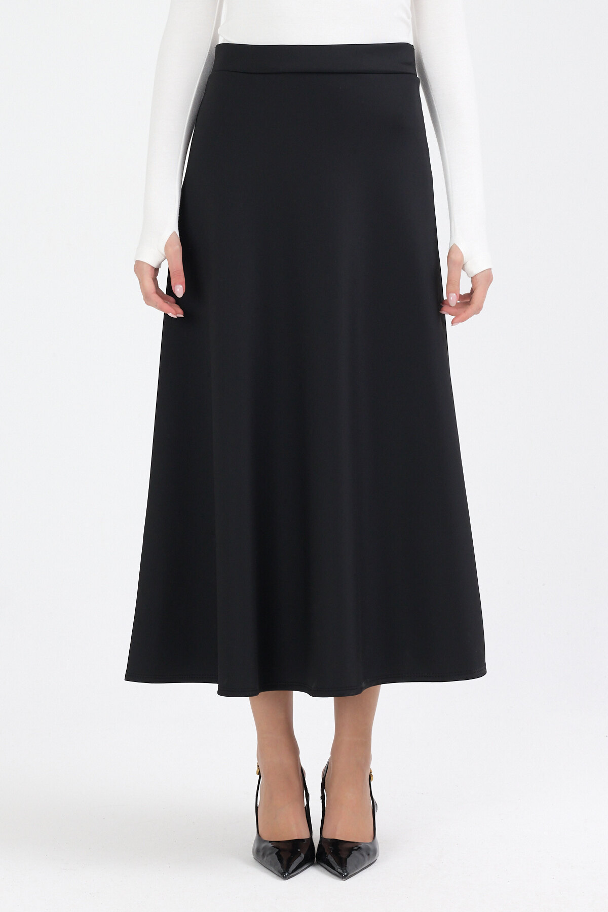 Women's Premium Black Puff Scuba Flared Long Skirt