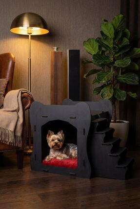 Evene Ahşap Köpek Kulübesi Dekoratif Köpek Evi Siyah Renk Merdivenli Model