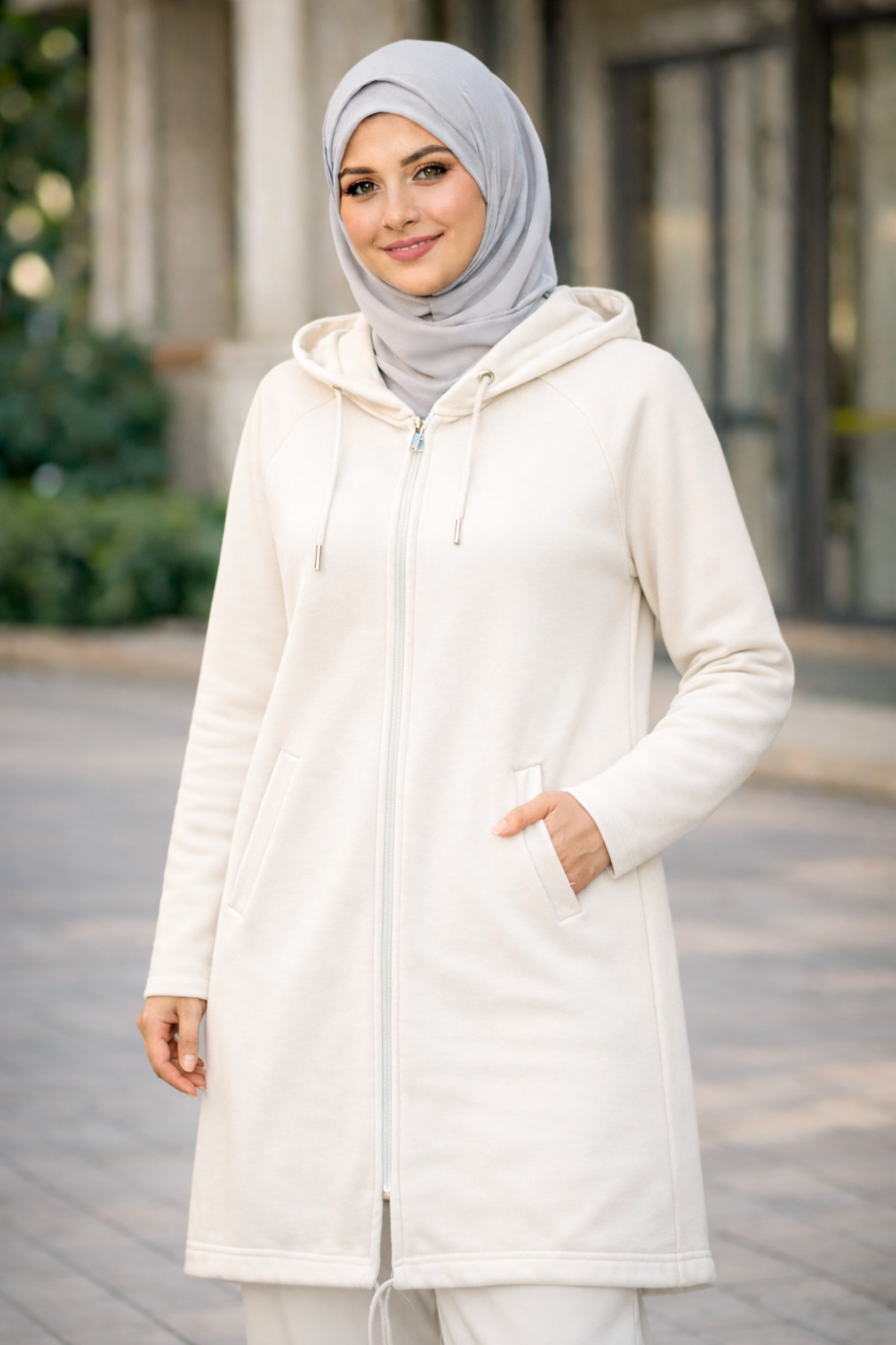 Cananca Tekstil Tesettür Kapüşonlu Fermuarlı Sweatshirt, Uzun Tunik Form, Cepli, Günlük ve Spor Kullanım