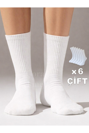 Çorap Çekmecesi Düz Beyaz 6'lı Fitilli-Tenis Çorap
