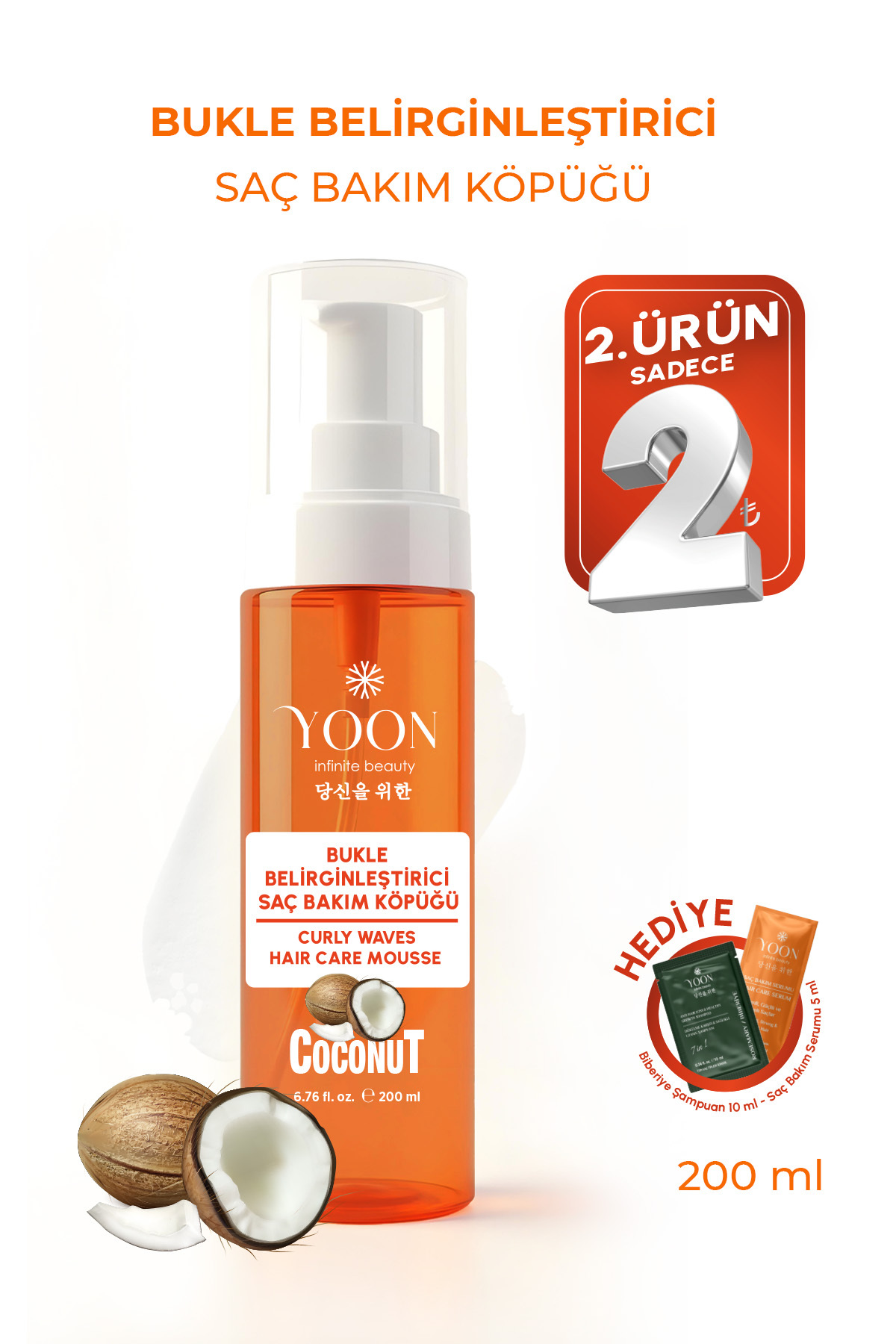 YOON Bukle Belirginleştirici Saç Köpüğü 200 ml – Hindistan Cevizi Özlü, Paraben, SLS ve Silikon İçermez