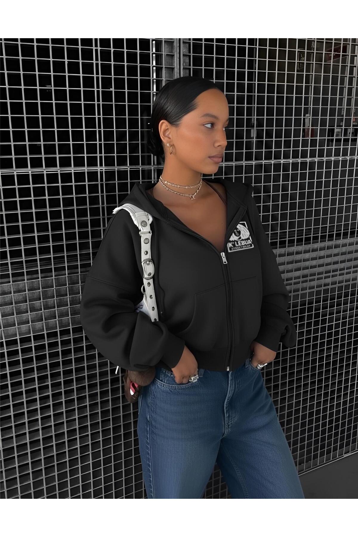 Women's Crop Hoodie with Zipper Black Hoodie - New Season