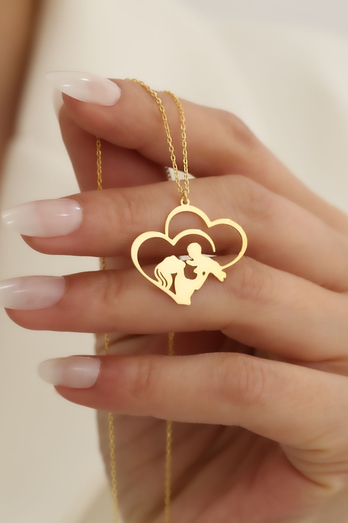 Nox Jewelry 925 Ayar Gümüş Kalp Detaylı Anne ve Bebek Kolye Gold