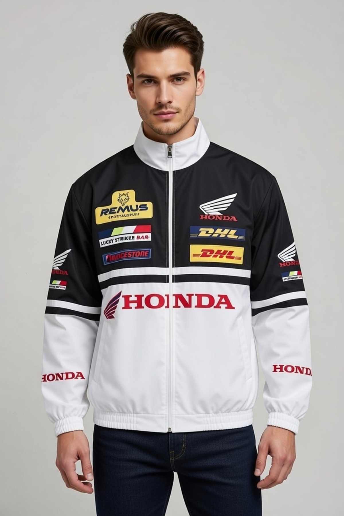 Lushen Honda Beyaz Unisex Paraşüt Kumaş Oversize Baskılı Siyah Rüzgarlık Yağmurluk görsel 2