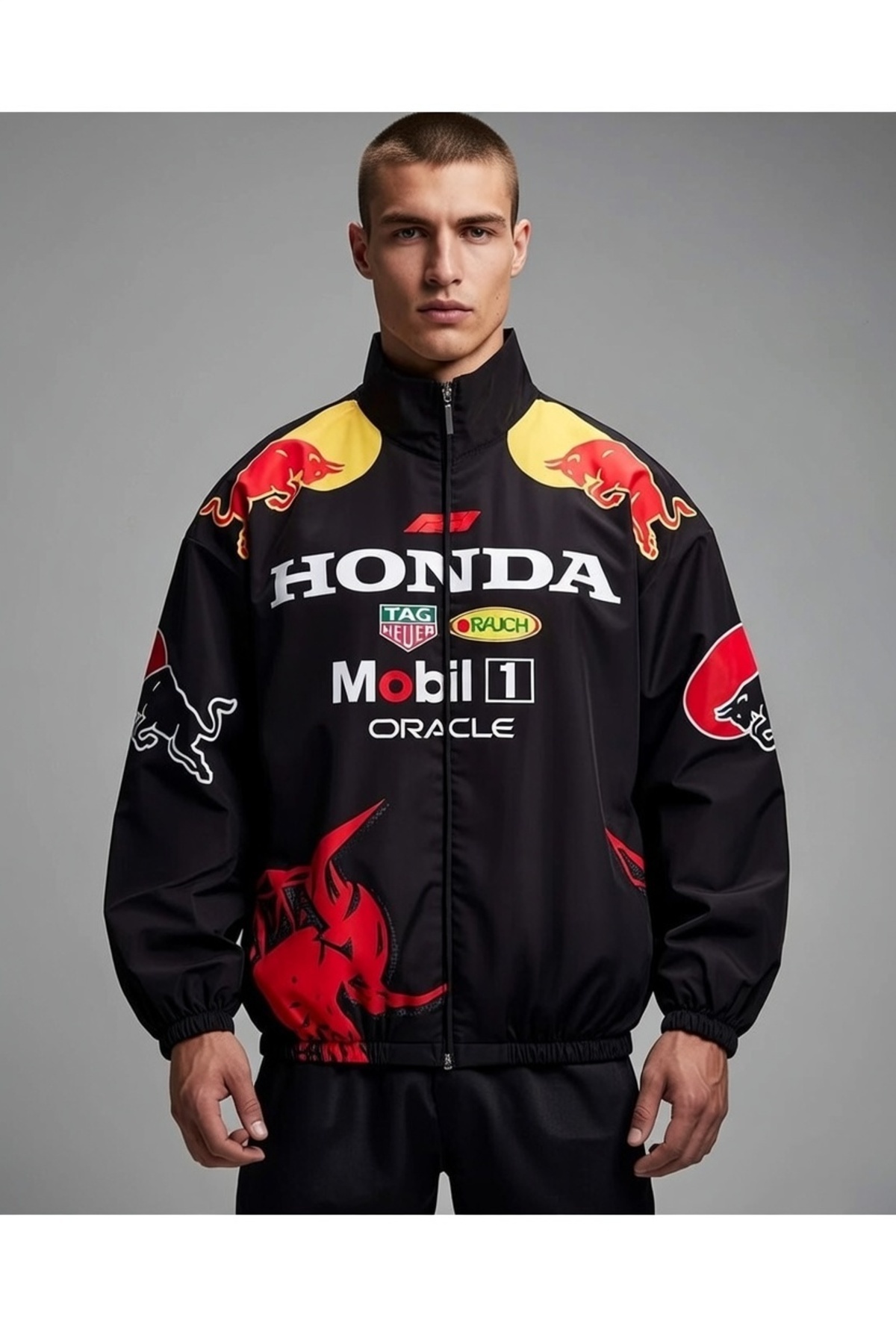 Lushen Honda Unisex Paraşüt Kumaş Oversize Dijital Baskılı Siyah Rüzgarlık Yağmurluk İnce Ceket görsel 2
