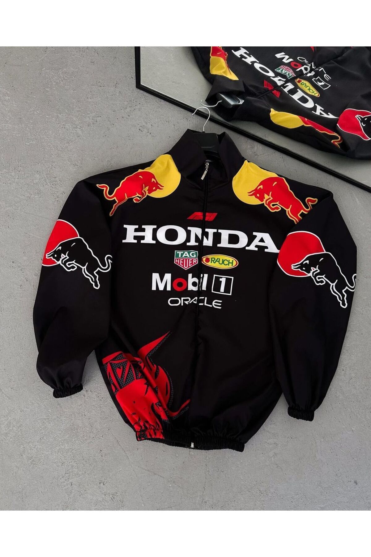 Lushen Honda Unisex Paraşüt Kumaş Oversize Dijital Baskılı Siyah Rüzgarlık Yağmurluk İnce Ceket görsel 4