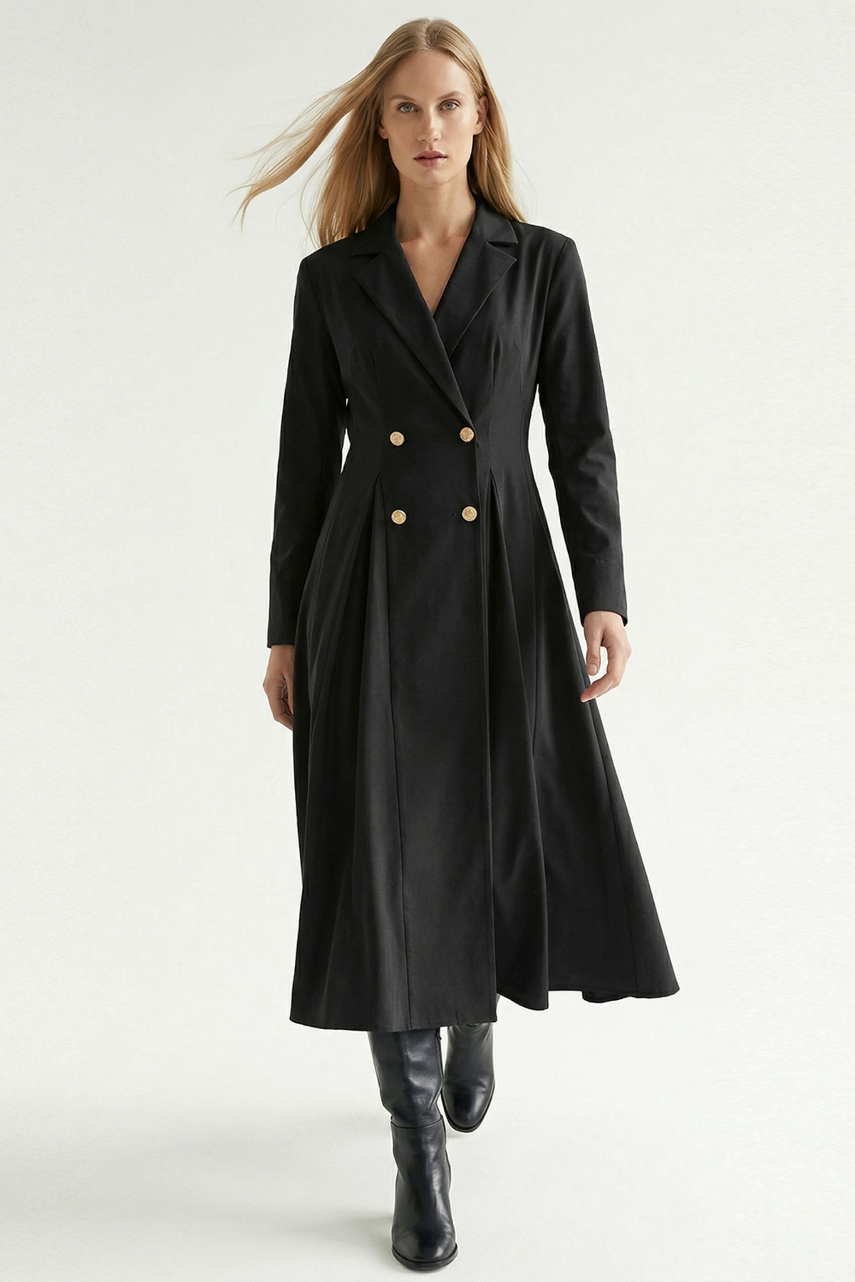 Exquise  Gold Düğme Detaylı Kruvaze Dokuma Midi Blazer Elbise