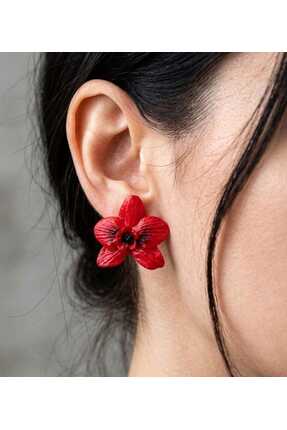 Nacreous Arts Nacreous Orchids-Red I El Yapımı Polimer Kil Kırmızı Orkide Küpe